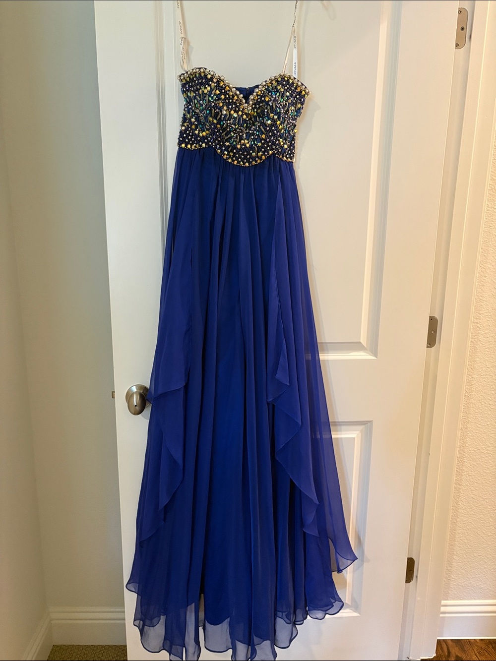 Jovani Royal Blue Beaded Strap Prom Gown